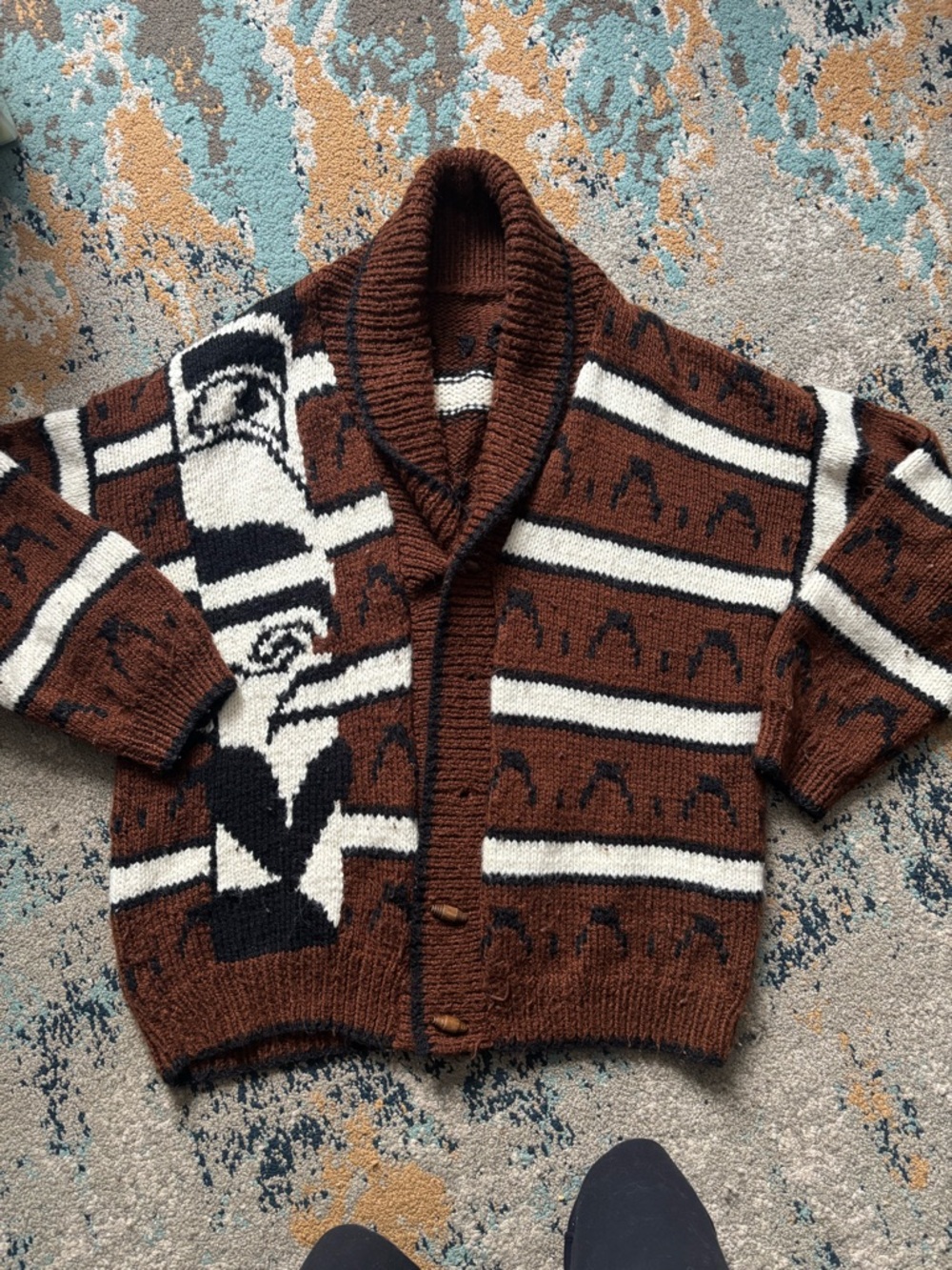 Men's Brown Shawl Collar Patterned Cardigan Sweater